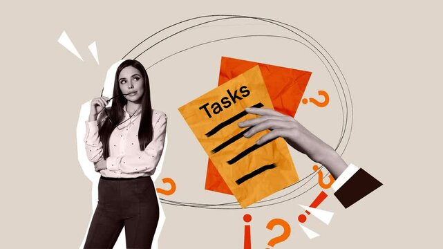 Motion creative art collage video of businesswoman receive hand workload to-do task memo sheet control productivity