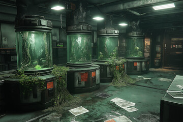 Overgrown abandoned underground laboratory with glass tanks filled with plants and debris