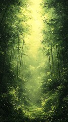 Obraz premium Minimal abstract bamboo forest with vertical green stalks fading into soft mist and subtle golden light