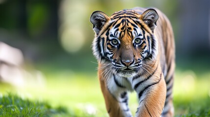 Fototapeta premium Young tiger walking toward camera in grassy field. AI generated