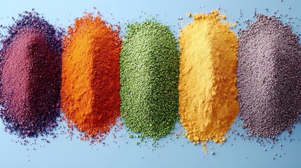 Colorful spice powders arranged on blue background; food photography for recipe blogs