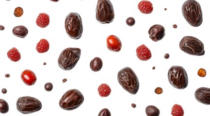 Falling dried dates and berries close up, created with Generative AI technology, PNG