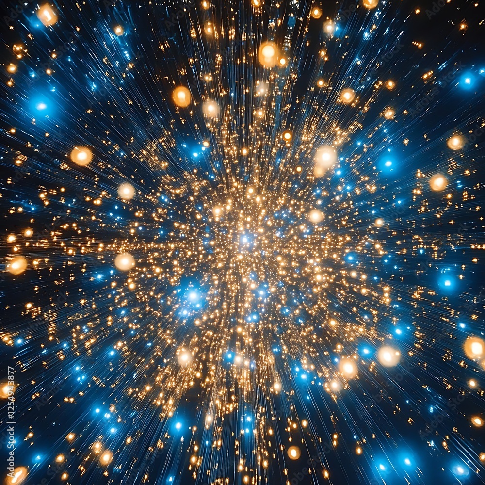 Poster dynamic dispersion of luminous particles creating a futuristic and celestial glow and flowing energy
