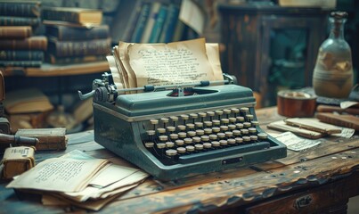 Vintage typewriter on a cluttered wooden desk with old books and papers, creating a nostalgic and antique workspace atmosphere.