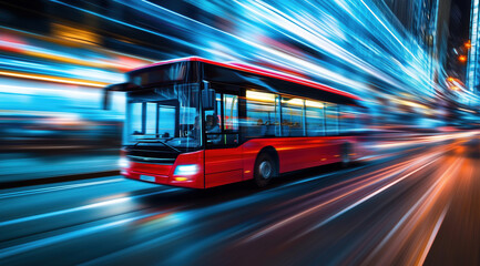 A red city bus speeding through a vibrant urban street at night.