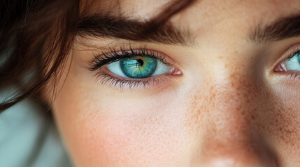 Naklejka premium Close Up of Young Caucasian Female with Freckles and Striking Blue Eyes
