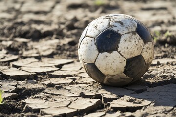 A worn soccer ball resting on cracked, dry earth.