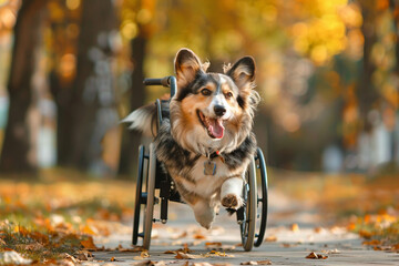 A Corgi dog is running in a wheelchair. The dog is happy and enjoying the ride, animal prosthetics, animal therapy concept.