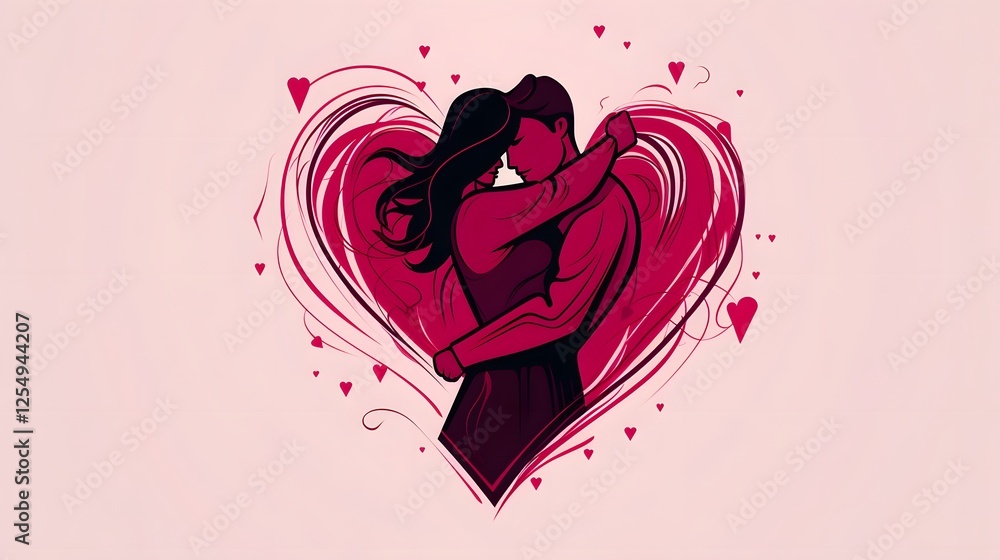 Poster elegant continuous line silhouette of a couple embracing in a heart shape depicting a romantic and i