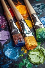 Fototapeta premium Vibrant Palette of Artistic Expression with Paintbrushes and Colorful Acrylic Paint