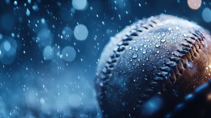 Raindrop Covered Baseball in Dramatic Blue Lighting