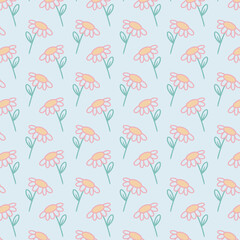 Naklejka premium Naive seamless floral boho pattern with daisies on a plain background in doodle style. Сute contemporary minimalistic trendy boho background design for kids. Scandinavian nursery print 