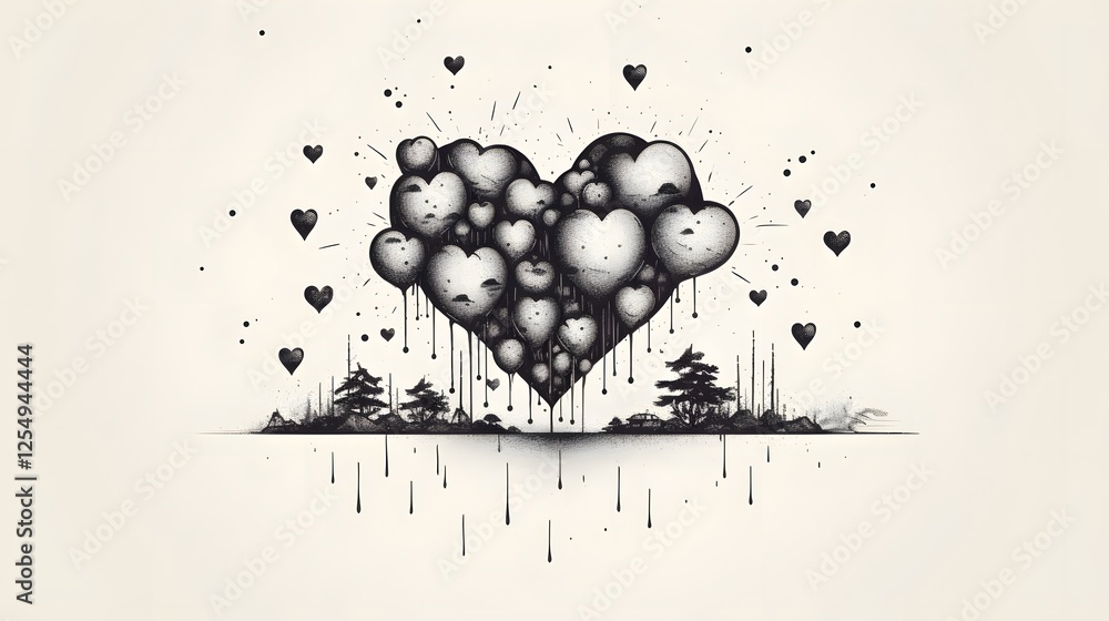 Poster elegant floating hearts in a minimalist monochrome line art composition abstract design with geometr