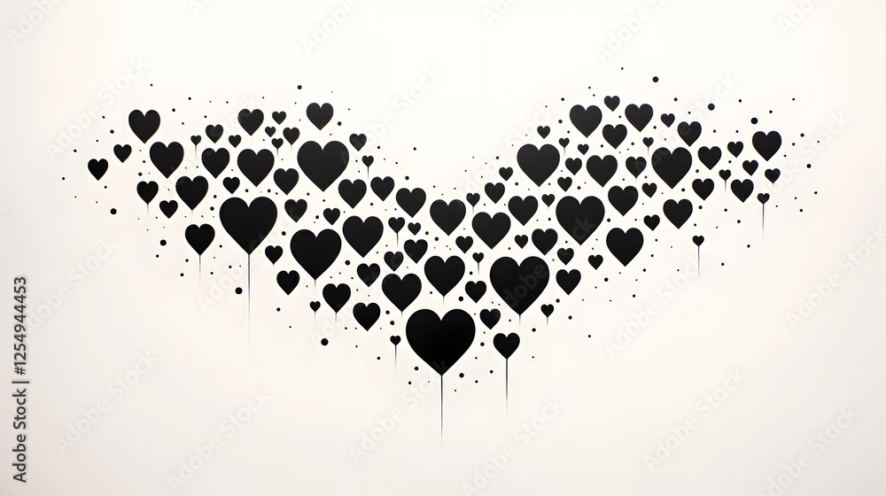 Poster elegant and serene minimalist composition with floating hearts in monochrome line art style showcasi