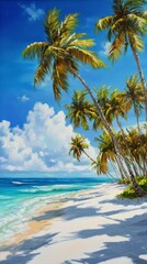 Obraz premium Tropical beach landscape with palm trees and clear blue sky under bright sunlight