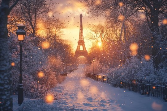 Enchanting winter wonderland in paris  eiffel tower amidst snow covered trees and pathways