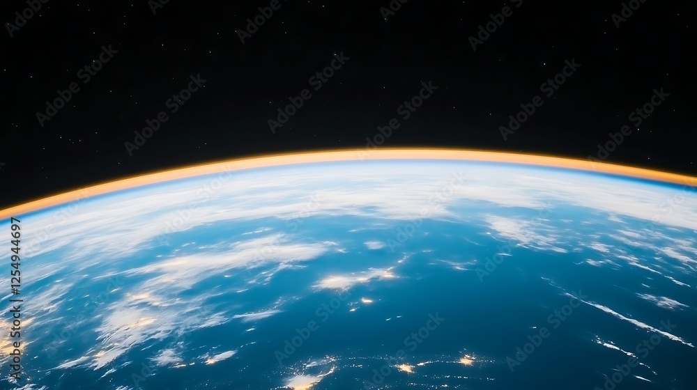Poster earth view from space with atmosphere and stars in background photographic representation