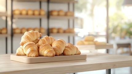 Freshly baked croissants stacked on a wooden tray in a sunlit bakery interior with blurred bread-filled shelves behind.
