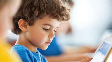 Young Caucasian Boy Using Tablet in Classroom Setting