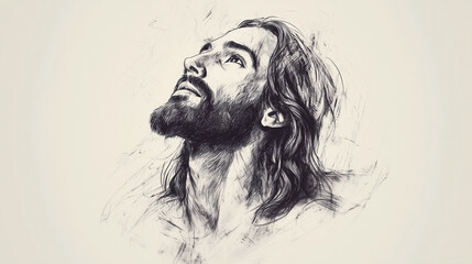 Fototapeta premium A minimalist pencil sketch of Jesus with a serene expression, looking upward, softly shaded to highlight His features, with a simple, clean background. 