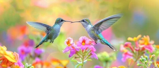 Two Hummingbirds Hover And Touch
