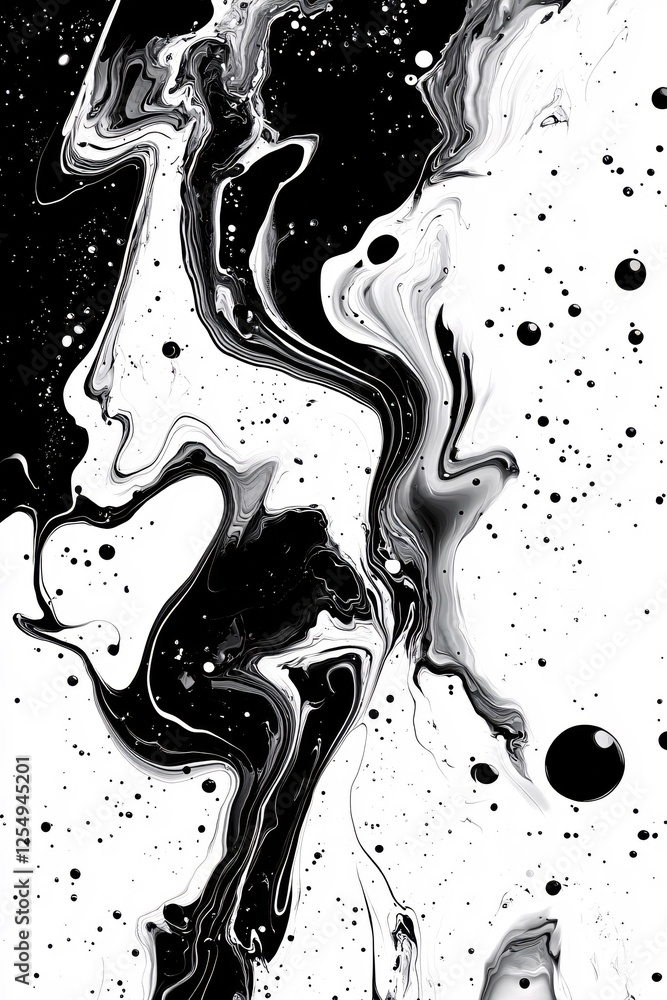 Poster abstract fluid art in monochrome tones with ink splatters and dynamic swirls