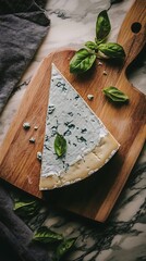 Delicious blue cheese on wooden board with basil leaves, closeup