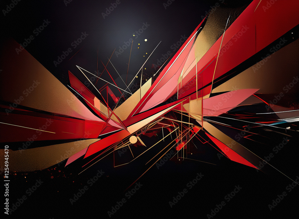 Poster abstract geometric shapes in red and gold are dynamically arranged on a dark background. sharp lines