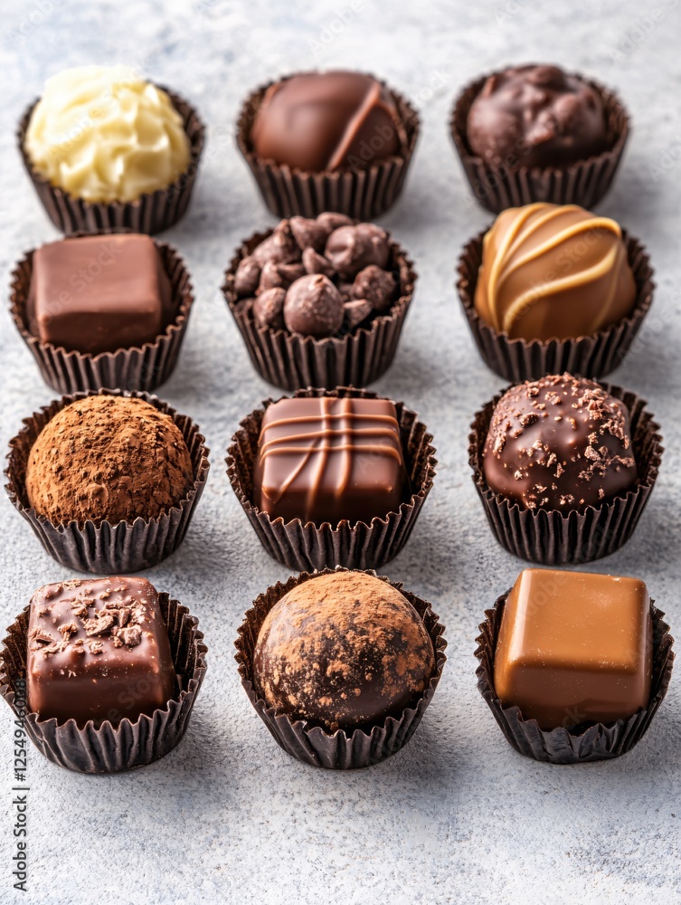 Poster assorted chocolate truffles in paper cups displayed on a textured surface sweet indulgence