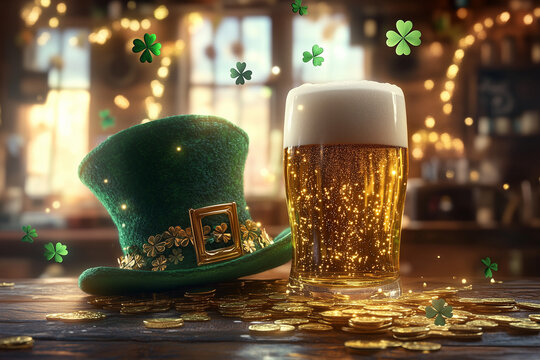 Hari St. Patrick yang meriah di sebuah pub, topi leprechaun hijau cerah, cangkir bir berbusa, koin-koin emas, dan semanggi berdaun empat yang bersinar dan beterbangan.