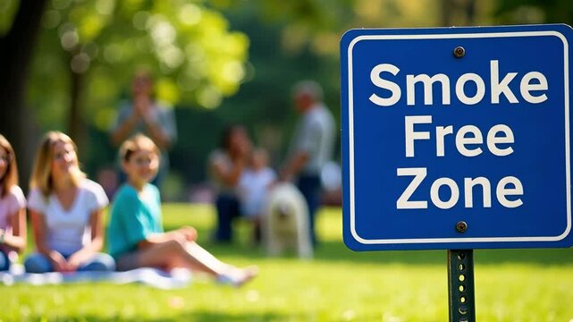 Blue sign in the park "smoke free zone". A place where you cannot smoke