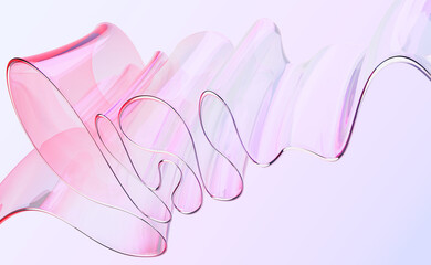 3d abstract liquid glass transparent ribbon fold wave line render. Rainbow fluid flow curve shape with dispersion light, red pink holographic gradient. Flying glossy design element. 3D illustration