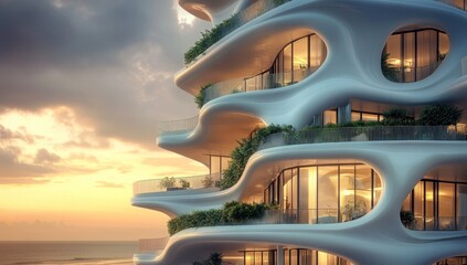 Fototapeta premium Stunning Architectural Design: Organic Modern Skyscraper at Sunset