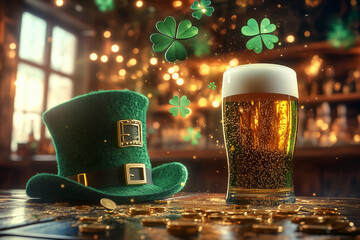 Hari St. Patrick yang meriah di sebuah pub, topi leprechaun hijau cerah, cangkir bir berbusa, koin-koin emas, dan semanggi berdaun empat yang bersinar dan beterbangan.