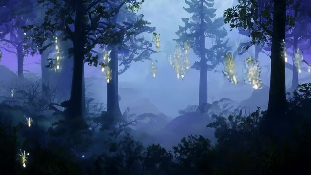 morning in the forest, fogy forest, a forest with trees and fireflies