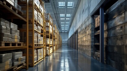 Fototapeta premium Stunning architectural rendering of a modern light industrial warehouse with pallet storage shelves