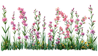 Spring meadow vector, blooming flowers, high floral shapes, vibrant wildflowers, nature landscape, botanical art, colorful field, natural scenery, summer flowers