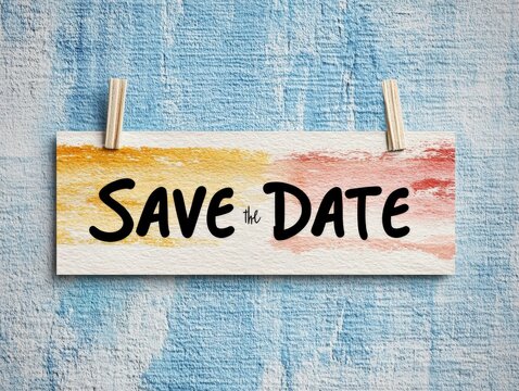 Colorful Save the Date Card Hanging on Wall with Blue Textured Background for Wedding and Event Announcements