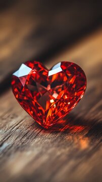 Heart-shaped ruby resting on weathered wooden surface in soft light