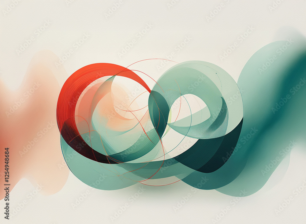Poster abstract overlapping circles in red, teal, and green hues are set against a soft background. gentle 