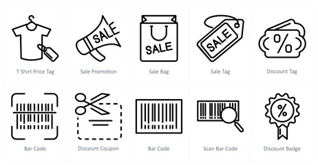 A set of 10 shopping icons as t shirt price tag, sale promotion, sale bag