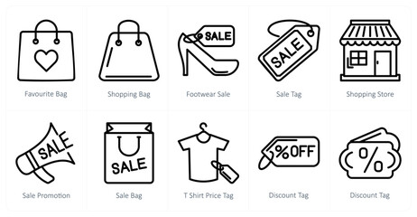 A set of 10 shopping icons as favorite bag, shopping bag, footwear sale