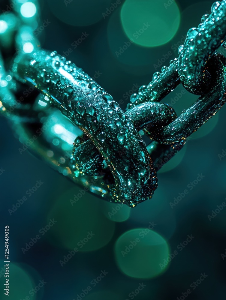 Aufkleber gleaming chain link adorned with water droplets against a soft bokeh background