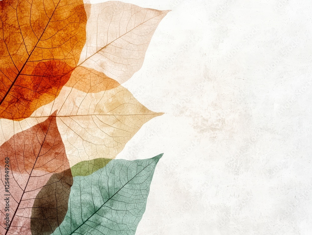 Poster artistic arrangement of colorful translucent leaves on a textured background with warm tones and sof
