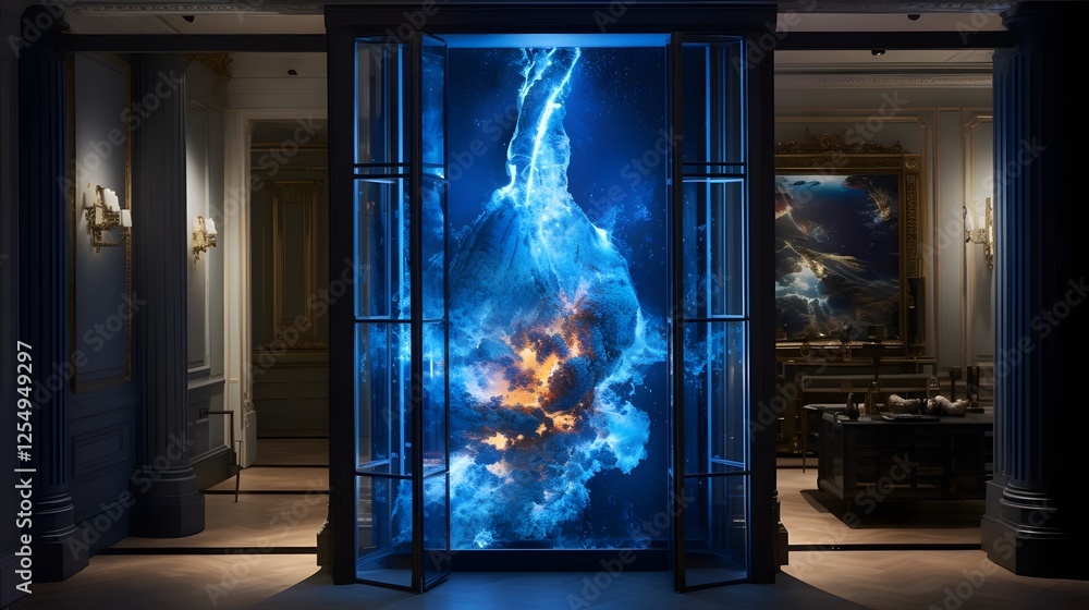 Poster captivating glass elevator door with broken section showcases a striking and innovative visual effec