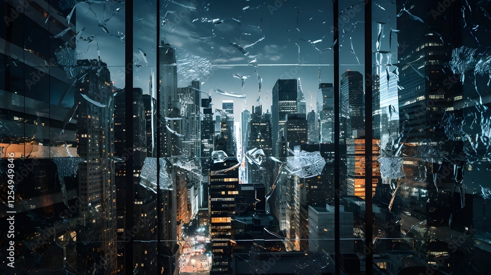Poster dramatic night cityscape reflecting in the cracked window of a towering skyscraper creating a captiv