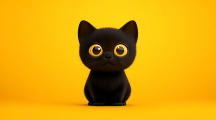 A stylized, adorable black kitten with large, round yellow eyes sits centered against a solid, bright yellow background, creating a simple yet captivating image.