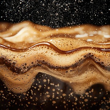 Artisanal Coffee Brewing and Caf&eacute; Aesthetics Freshly brewed coffee in a French press. Bubbles and foam of refreshing beverage.