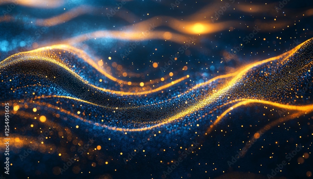 Poster futuristic abstract background with golden and blue light speed rays on a dark backdrop