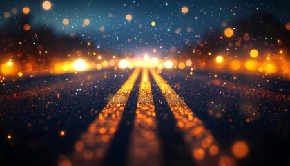 Dynamic night road scene with abstract background, glowing light rays, and bokeh effects